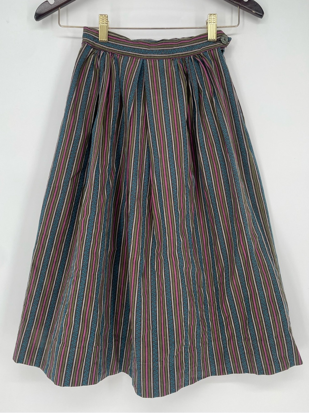 60s Bohemian Striped Gathered Full Vintage Skirt Magenta Green & Blue Accents